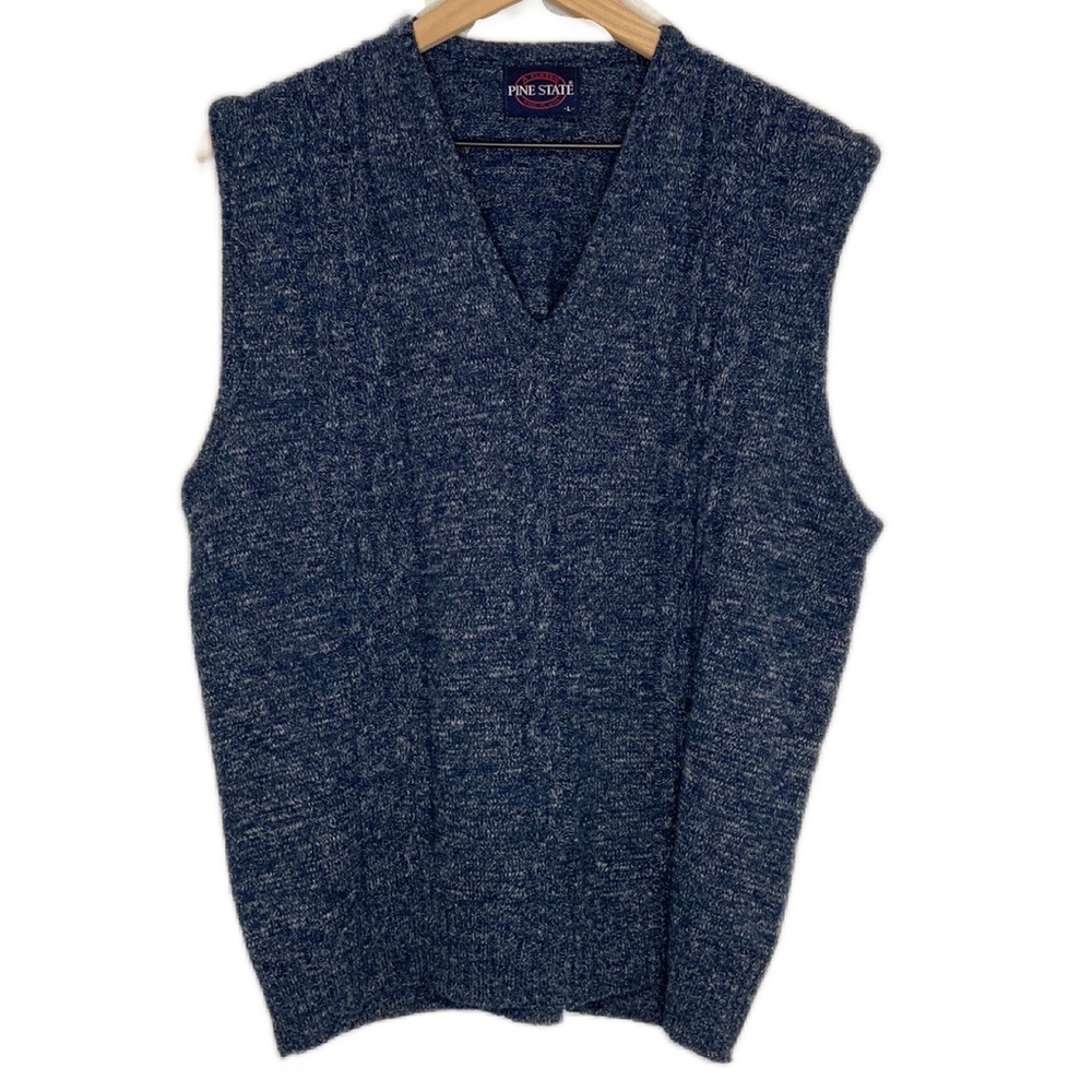 Vintage Pine State Large Cable Knit Blue Pullover V-Neck Sweater Vest Grandpa